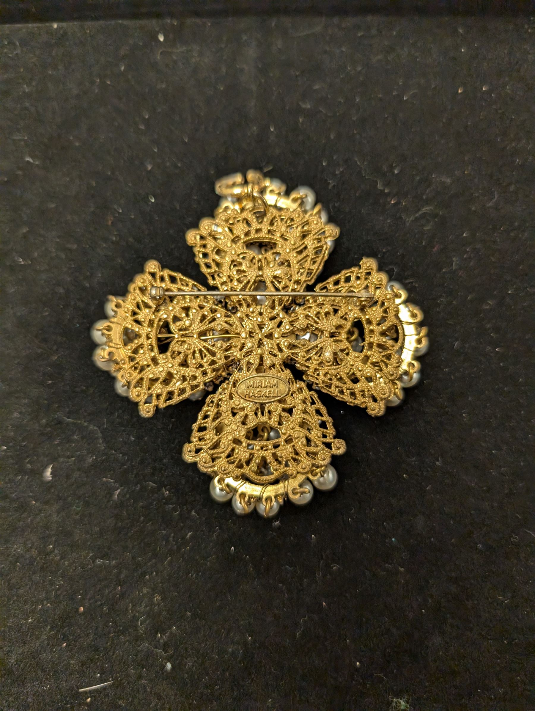 Miriam Haskell pearl and green paste gilt flower brooch, W6cm