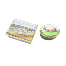 Halcyon Days rectangular box decorated with 'Peach Trees in Colour' after Van Gogh, the interior decorated with Guy Reed's racing colours 8.5cm x 6.5cm and an oval enamel box by Toye, Kenning & Spencer with a horse racing scene, interior inscribed 'Celebrating 25 years Timeform Charity Day' (2)