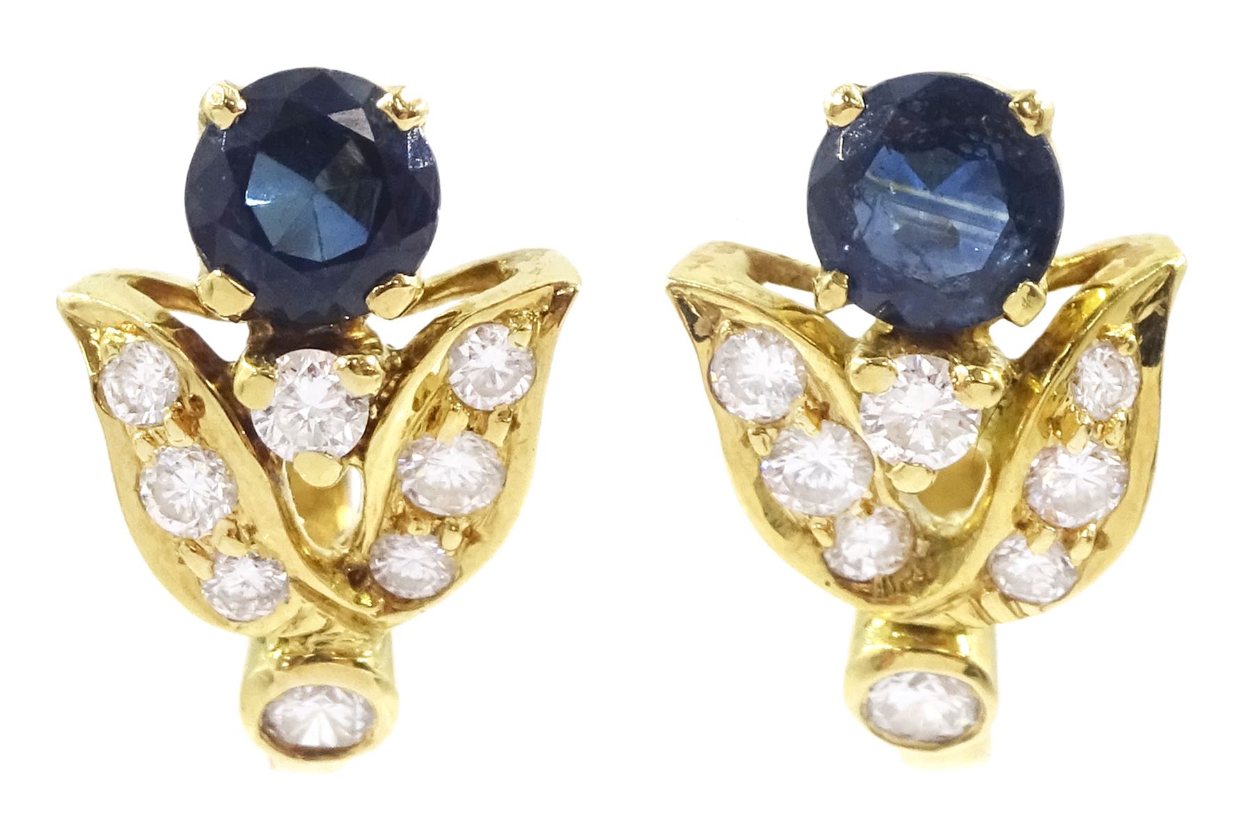 Pair of 18ct gold round cut sapphire and round brilliant cut diamond floral design earrings, stamped 750