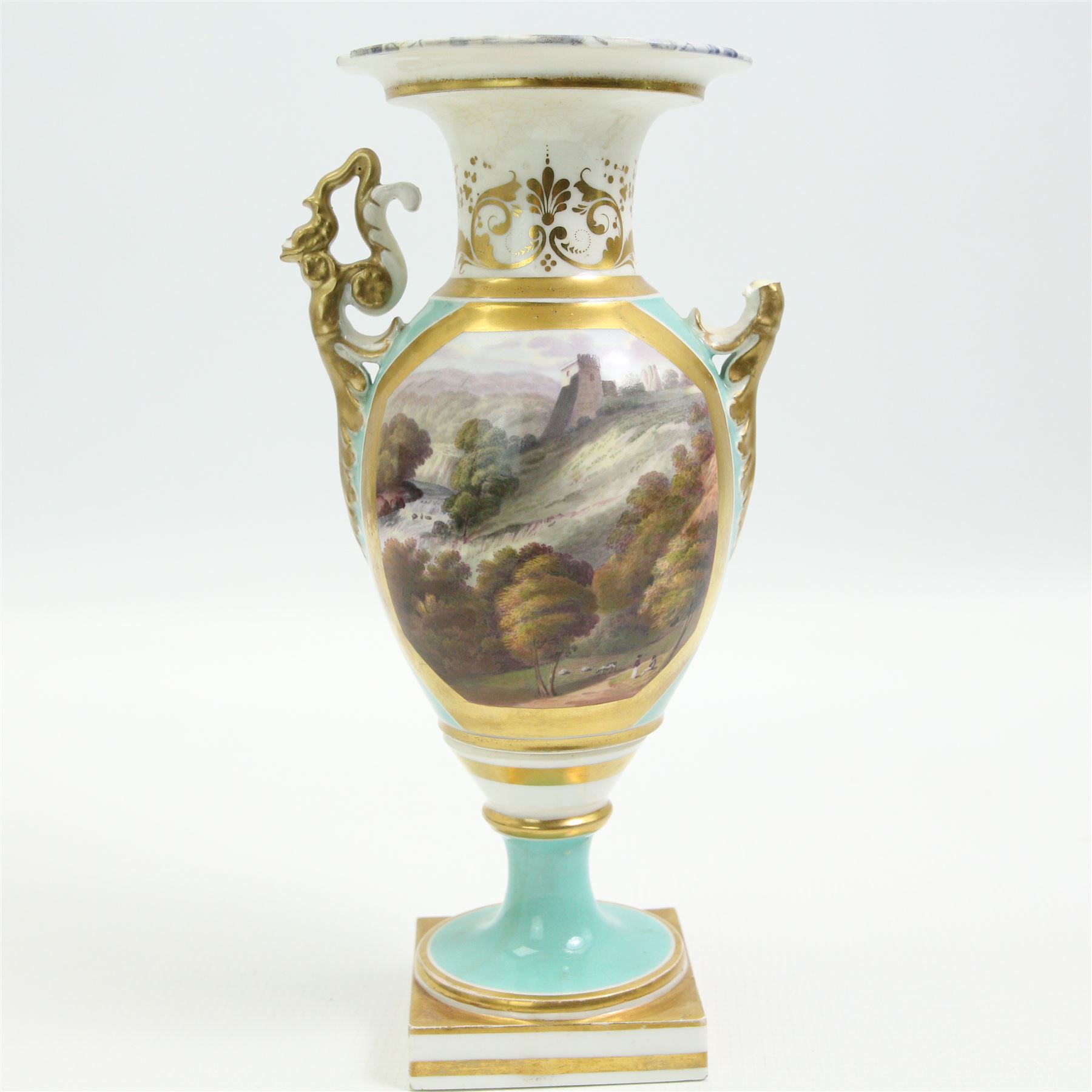 19th century Grainger Lee & Co. Worcester porcelain vase, hand painted with a view of 'Roslin Castle' within a gilt border, having twin scroll handles, marbled interior and square base, H25cm, together with a 19th century pot pourri base, hand painted with a continuous landscape scene, possibly Chamberlain Worcester, H9cm (2)