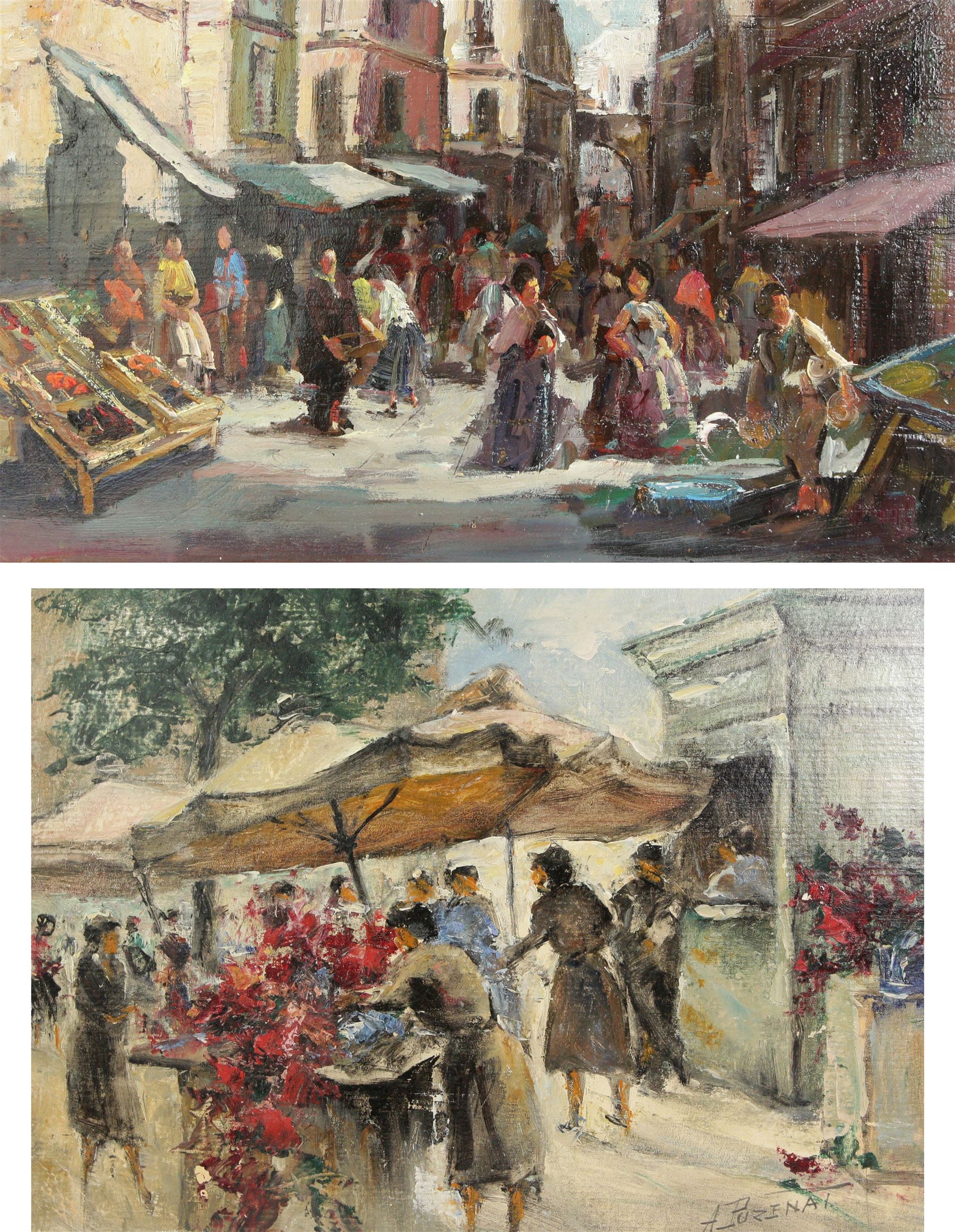 Antonin Puzenat (French 20th century): The Flower Market, oil on board signed 24cm x 33cm; Continental Impressionist School (Mid-20th century): Market Day, oil on panel indistinctly signed verso 21cm x 35cm (2)