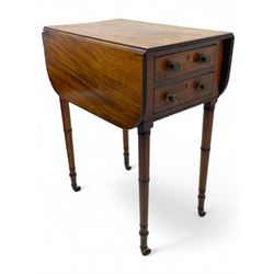 George III mahogany Pembroke table, reed moulded rectangular drop leaf top with rounded corners, fitted with two drawers opposing two false drawers, on ring turned supports with brass cups and castors 