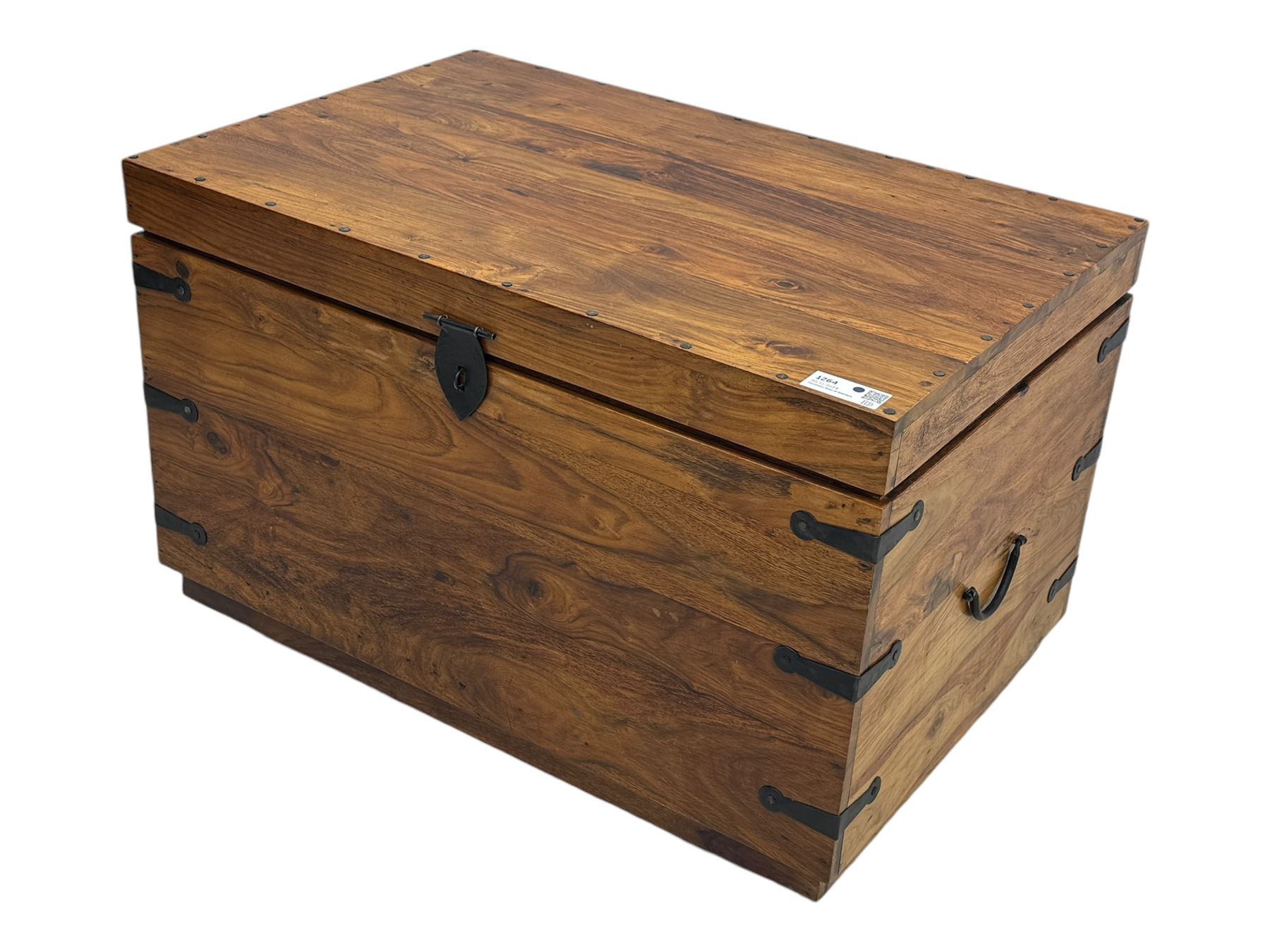 Hardwood and metal bound chest, enclosed by hinged lid, fitted with metal carrying handles