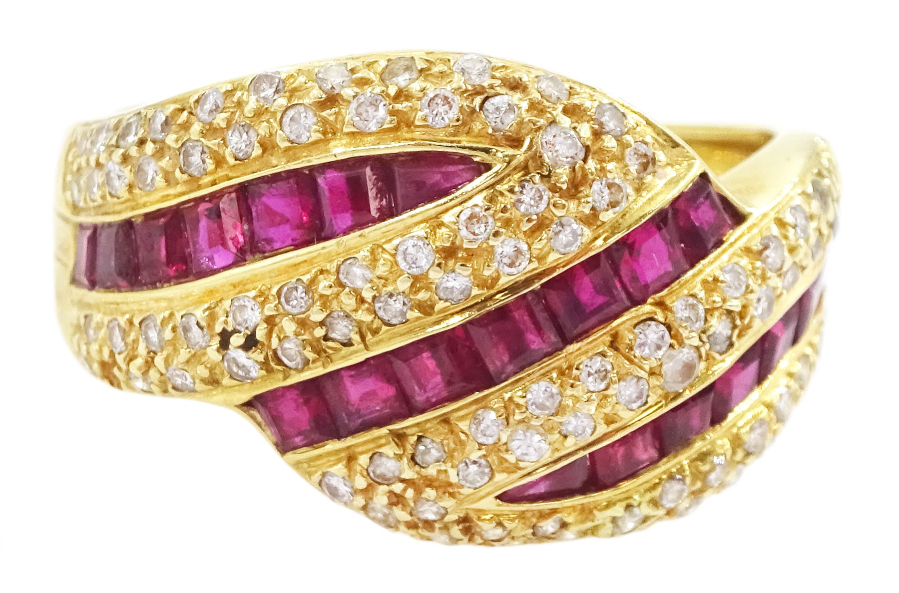 18ct gold calibre cut ruby and round brilliant cut diamond ring, stamped 750