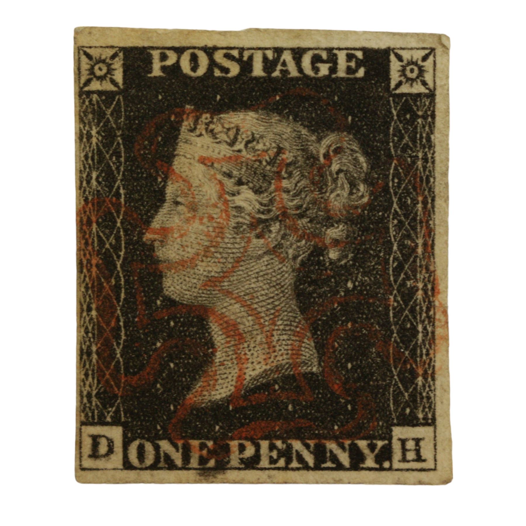 Queen Victoria penny black stamp, red MX cancel