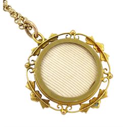 Early 20th century 9ct gold turquoise and seed pearl glazed locket pendant, on later 9ct gold link chain necklace