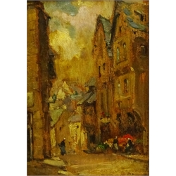 Owen Bowen (Staithes Group 1873-1967): 'A Street in Dinan', oil on panel, inscribed dated 1934 and titled verso 17cm x 12cm

