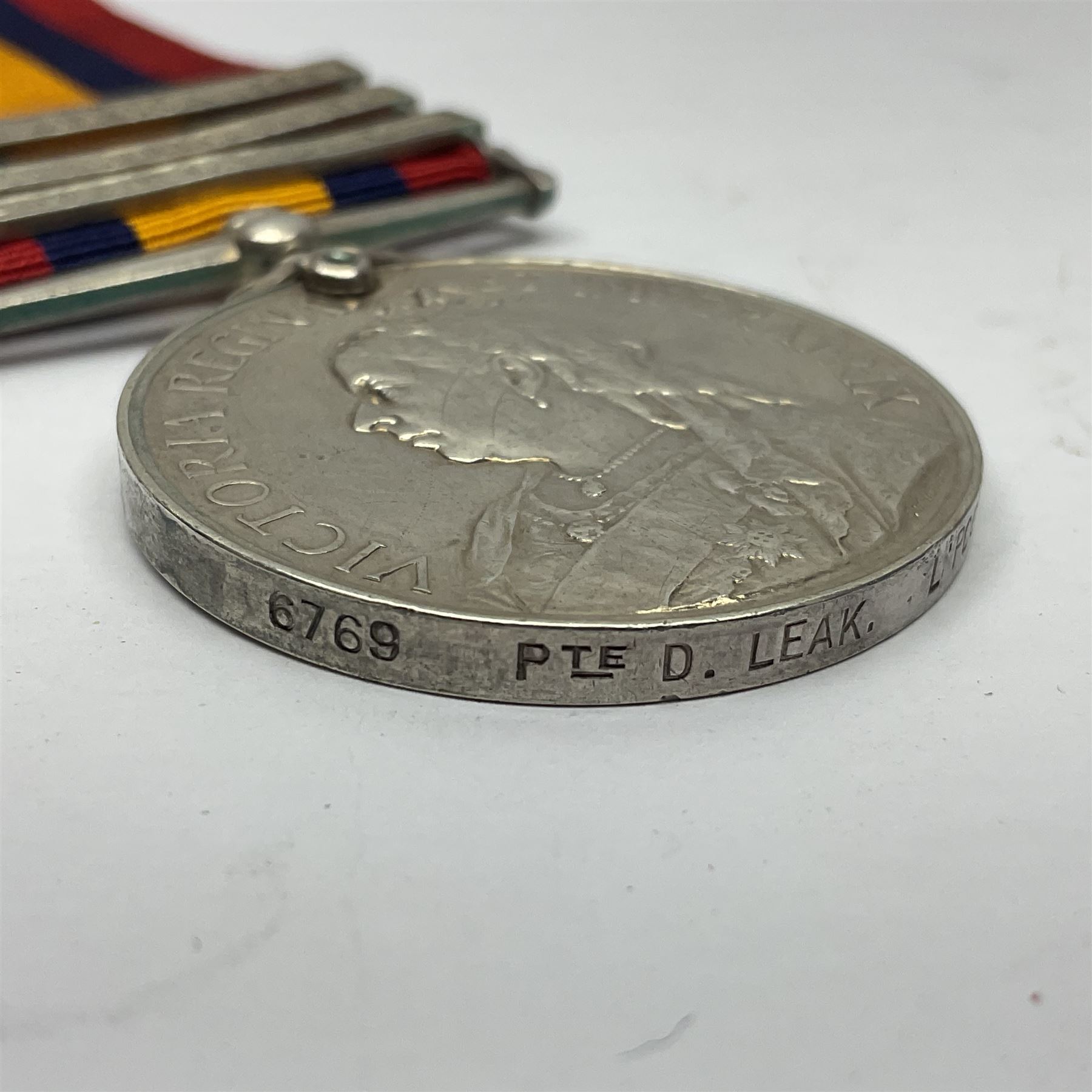 Victoria Queens South Africa Medal with Transvaal, South Africa 1901 and South Africa 1902 clasps awarded to 6769 Pte. D. Leak Liverpool Regiment; with replacement ribbon.