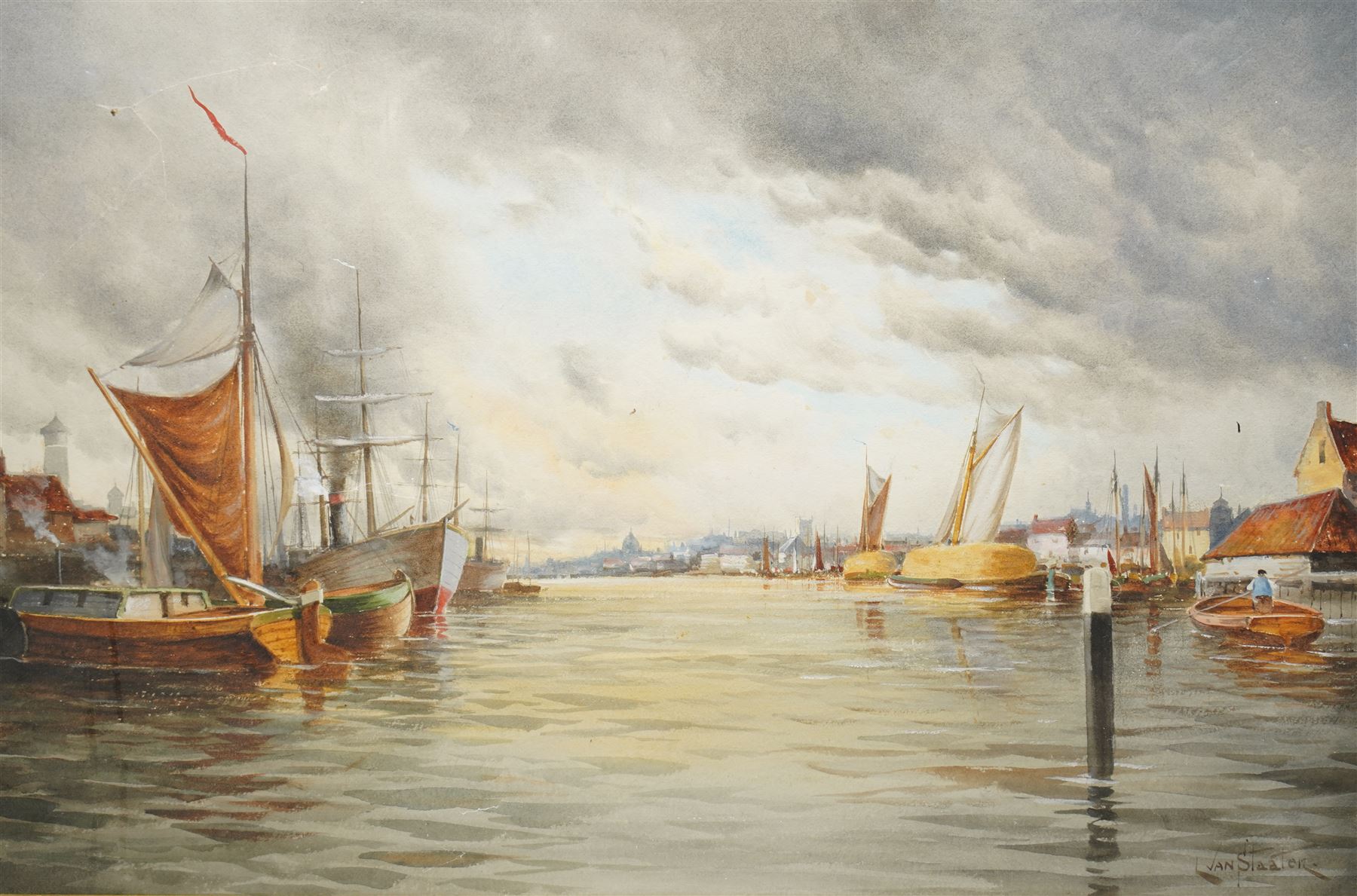 Louis Van Staaten (Dutch 1836-1909): Fishing Boats on a River in Holland, watercolour signed 40cm x 60cm