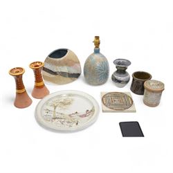 Group of studio pottery, including a John Egerton (c1945-) studio pottery stoneware lamp b...