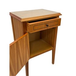 Pair of contemporary cherry wood bedside cupboards, inset glass top in moulded frame, fitted with single drawer over cupboard, on square tapering supports 