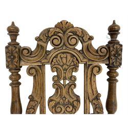 Carolean design oak high-back chair, the cresting rail carved with S-scrolls and foliage, the splat with a central flower head decorated with extending scrolls and acanthus leaves, upholstered seat, on turned and block supports united by S-scroll carved middle rail and turned stretchers