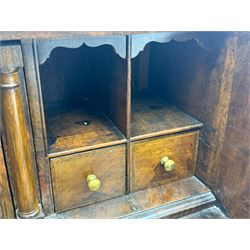 18th century walnut bureau, fall-front enclosing fitted interior with drawers and pigeonholes, over two short and two long drawers with brass escutcheon plates and handles, raised on bracket feet