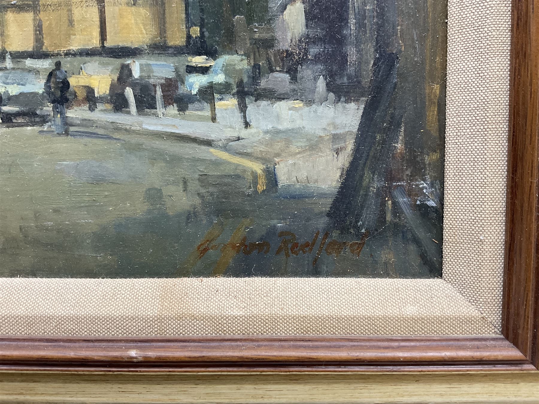 Gordon Radford (British 1936-2015): 'The Unicorn Pub - Looking Down Kelvin Street towards Church Street' Manchester, oil on board signed, titled verso 29cm x 40cm