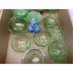 Art Deco green glass ware, including jugs, vases, bowls etc, together with a small blue Sylvac rabbit