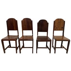 Mid-to-late 20th century teak dining table, rectangular top with canted corners, on square tapering supports with spade feet (214cm x 119cm, H76cm); and a set of eight Burmese reclaimed teak dining chairs, high arched back over panelled seat