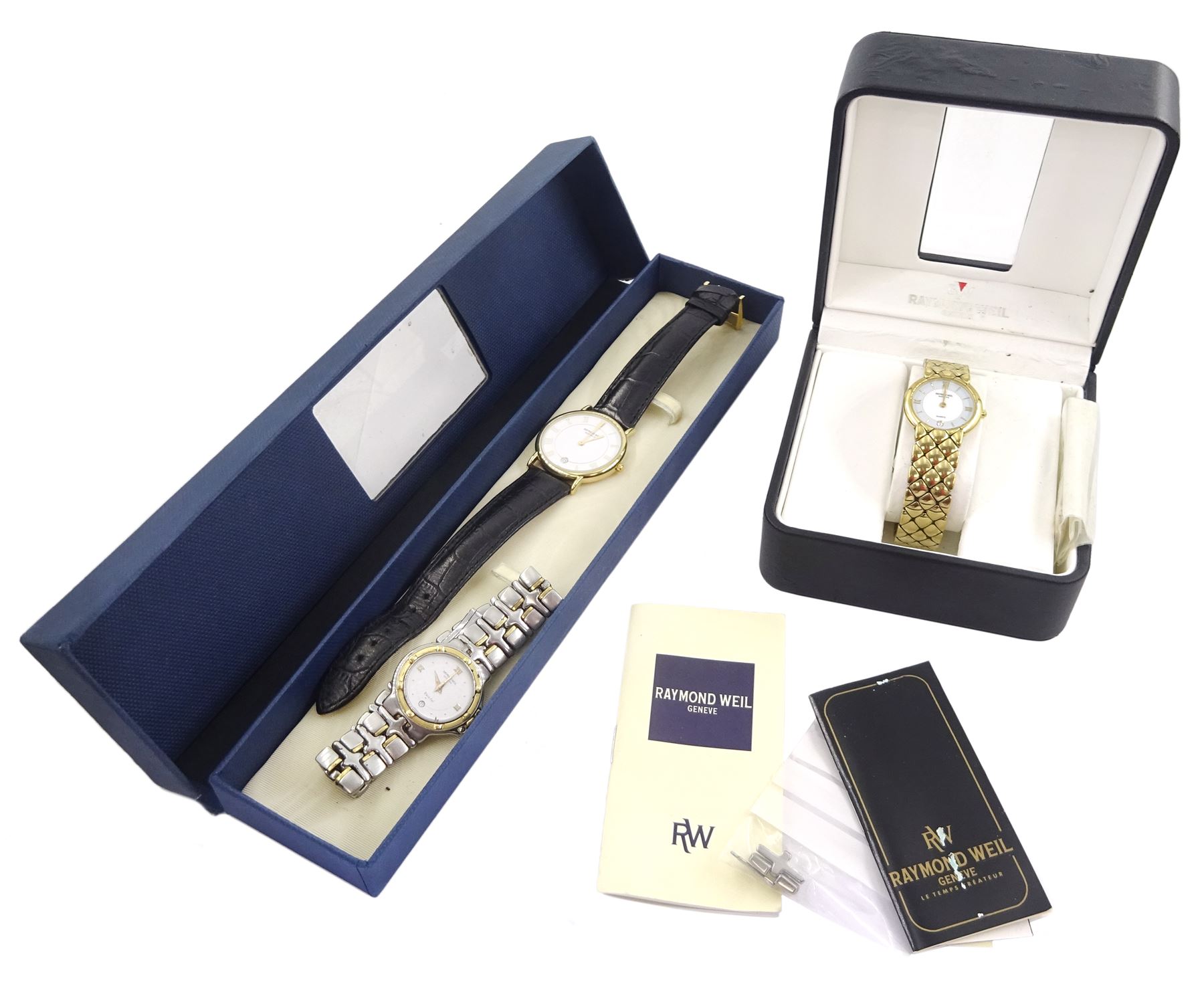 Three Raymond Weil quartz wristwatches including Parsifal and two gold-plated