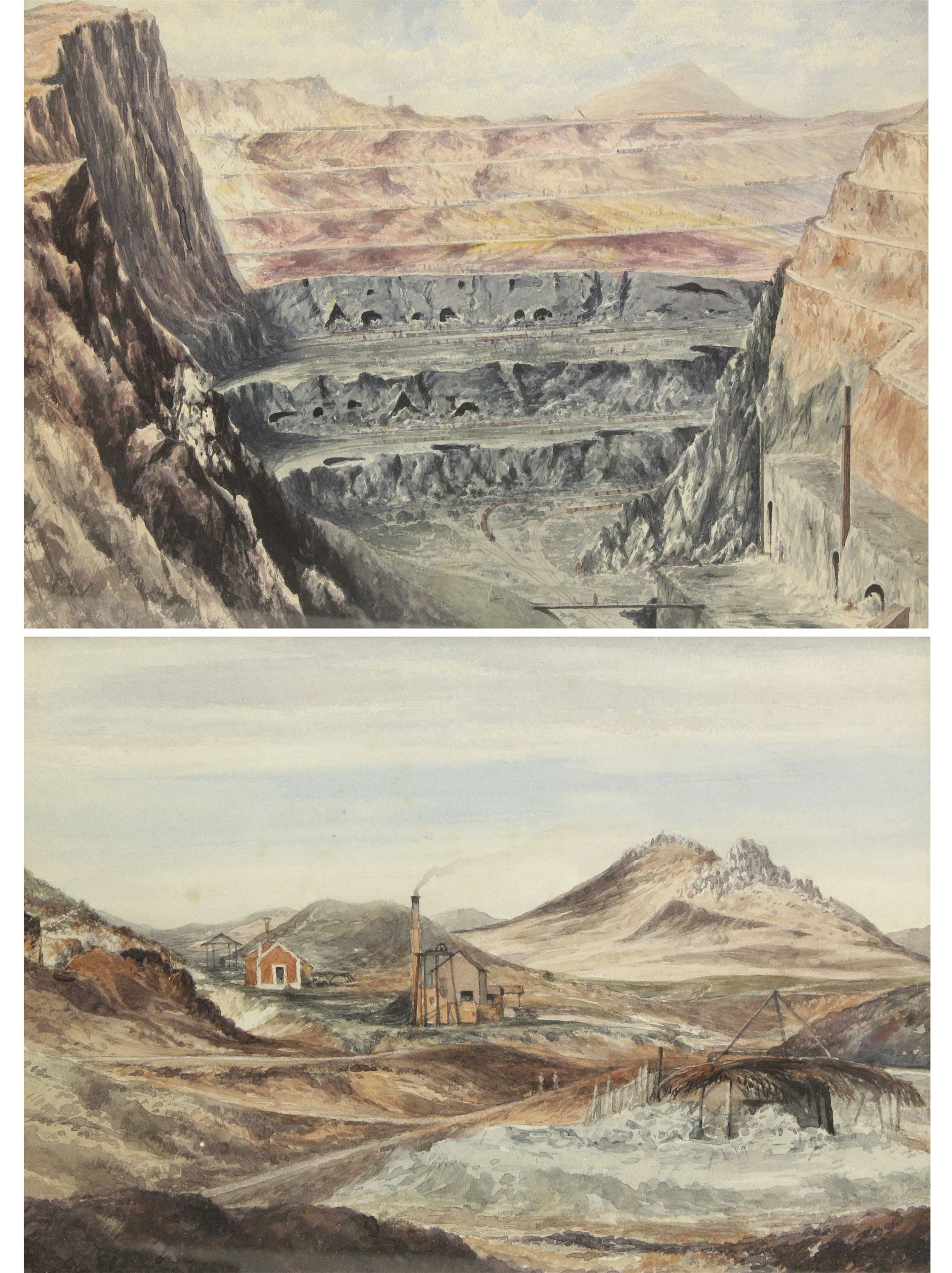 William Fleming Vallance RSA (Scottish 1827-1904): 'Harris Centre Lode' and  'Harris North Lode Near Roval' Industrial Landscapes, two watercolours unsigned, titled dated 1874 and attributed verso max 26cm x 37cm (2)