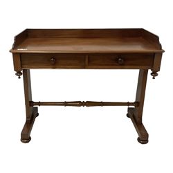 Victorian mahogany washstand, three-quarter raised gallery back, rectangular top with over two drawers, on shaped end supports united by ring-turned stretcher