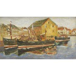 Charles James McCall (Scottish 1907-1989): Boats at Rest in the Dockland, oil on board unsigned, inscribed and dated 1949 verso 11cm x 20cm 