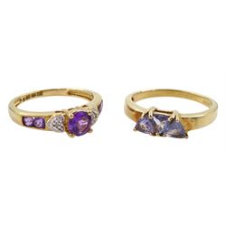 Gold amethyst and diamond heart design ring and a gold three stone trillion cut tanzanite ring, both hallmarked 9ct 