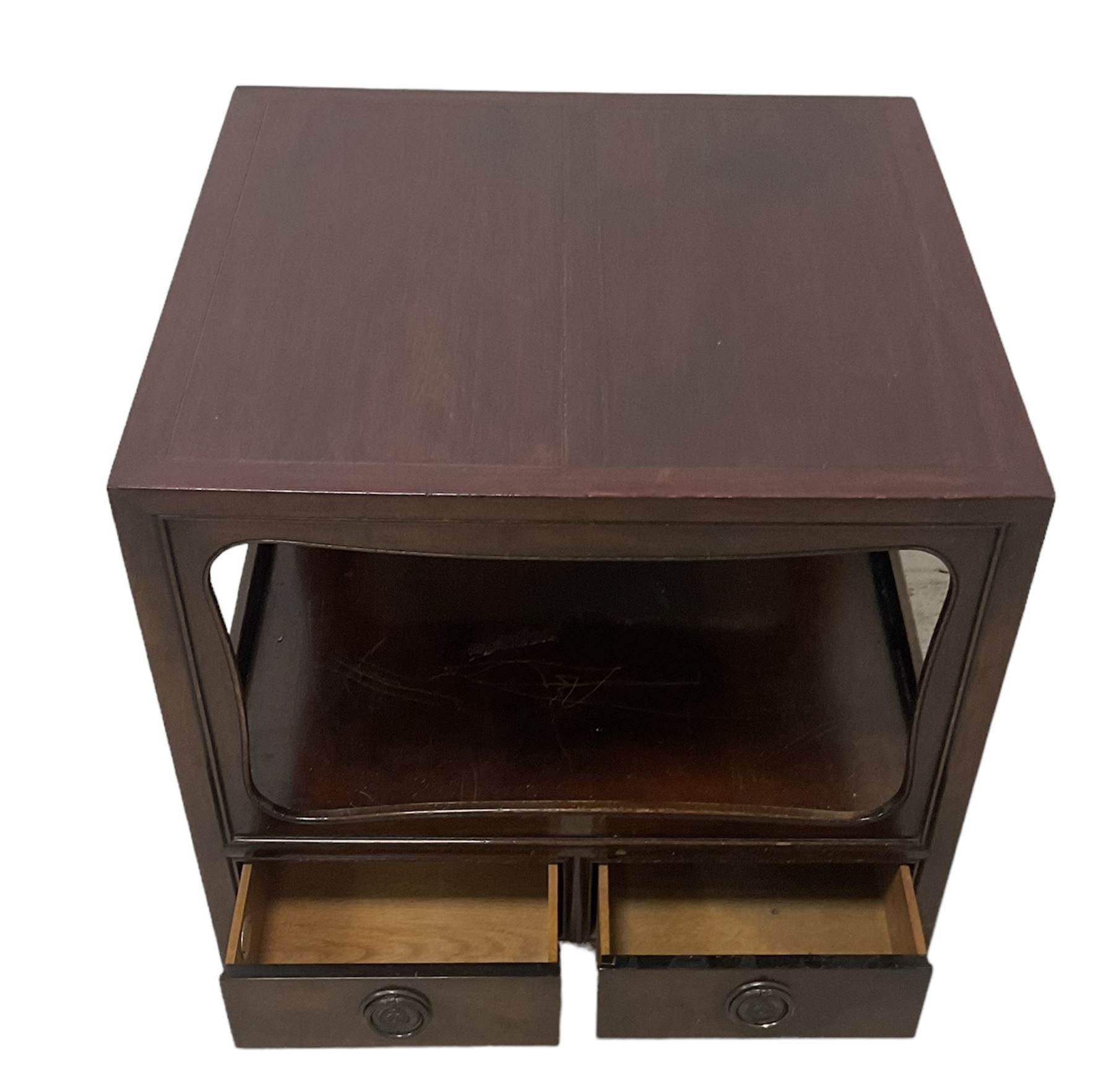 Pair of Chinese 20th century lacquered hardwood two-tier lamp tables, fitted with two drawers to base