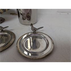 George Jensen stainless steel wine cooler, together with a silver plated pedestal dish, in the form of a clam shell and with squirrel decoration and four silver plated trinket dishes with applied pheasant decoration