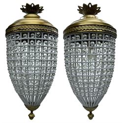 India Jane Interiors - pair of gilt metal and glass pineapple ceiling light pendants, tapered form and decorated with glass beads and pendants, foliage cast metal upper band, mounted by lower finial - ex-display/bankruptcy stock