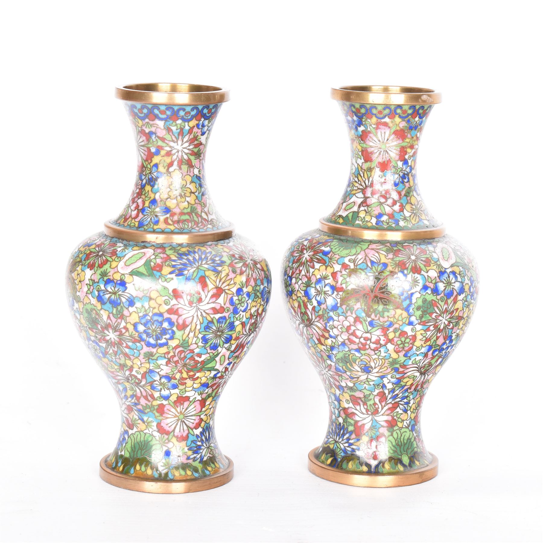 Pair of cloisonne vases of baluster form, decorated with flowers, H16cm