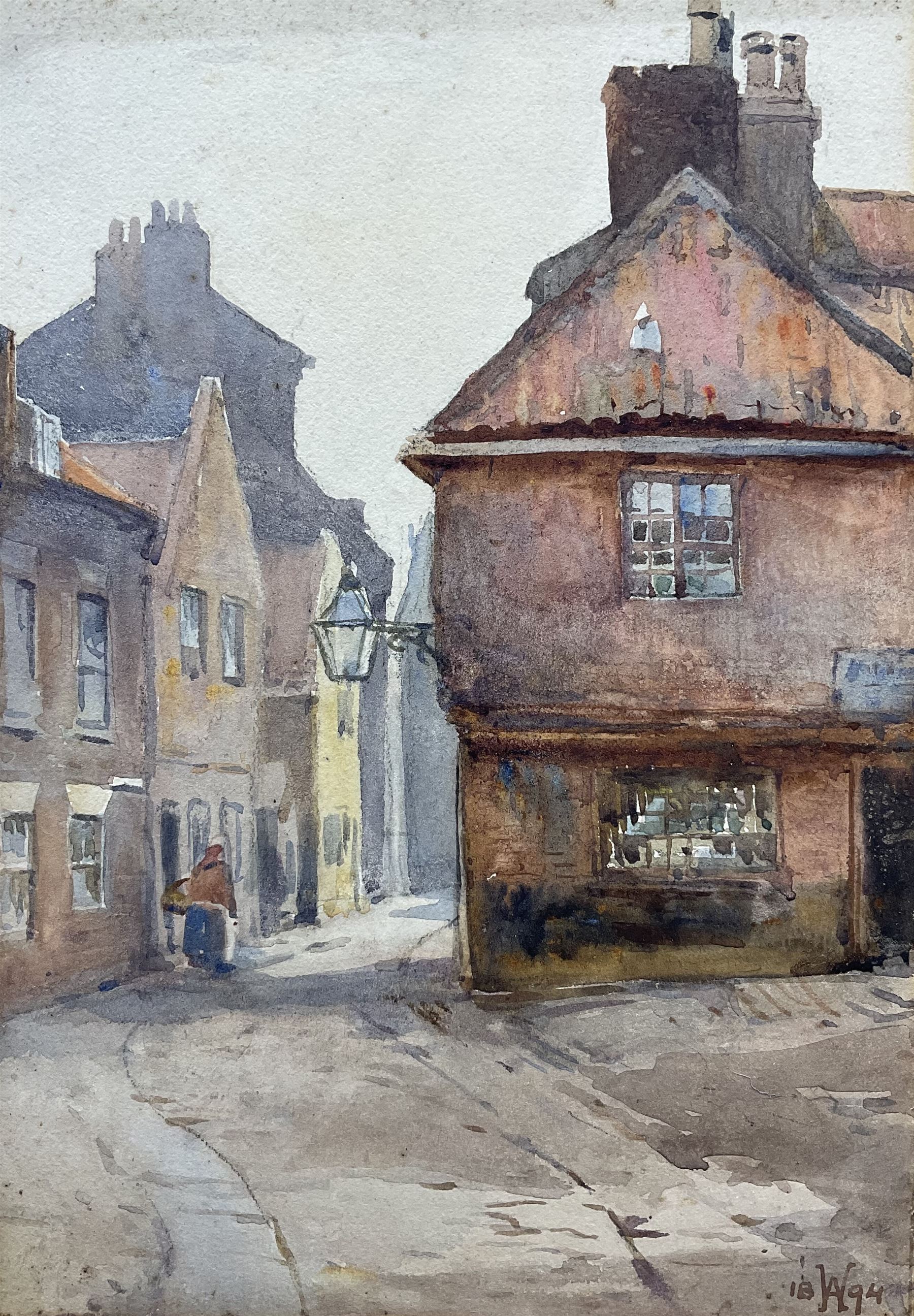 Charles William Adderton (British 1866-1944): 'Quay Street Scarborough', watercolour signed with monogram and dated 1894, 25cm x 17.5cm (unframed)
Provenance: direct from the family of the artist Harry Wanless 1872-1934, part of a collection never previously seen on the market
Notes: Adderton was a friend of the brothers Harry and Charles Wanless, all of whom studied under Albert Strange at the Scarborough School of Art School. Adderton had a studio at 55 Sandside, Scarborough between 1894 and 1901, he moved to Ockbrook Derby and later to Robin Hoods Bay where he was a member of the Fylingdales Group of Artists