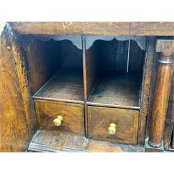 18th century walnut bureau, fall-front enclosing fitted interior with drawers and pigeonholes, over two short and two long drawers with brass escutcheon plates and handles, raised on bracket feet