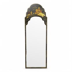 Black lacquered and Chinoiserie wall mirror, the shaped pediment decorated with pagoda in ...