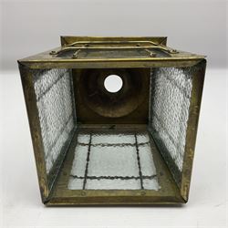 Arts & Crafts style brass porchlight/lantern shade, of square tapering form, with four mottled glass panels, H17cm