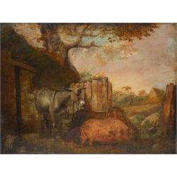 English Naive Primitive School (19th century): Donkey and Pigs in a Country Farmstead, oil on canvas unsigned 38cm x 51cm (unframed)