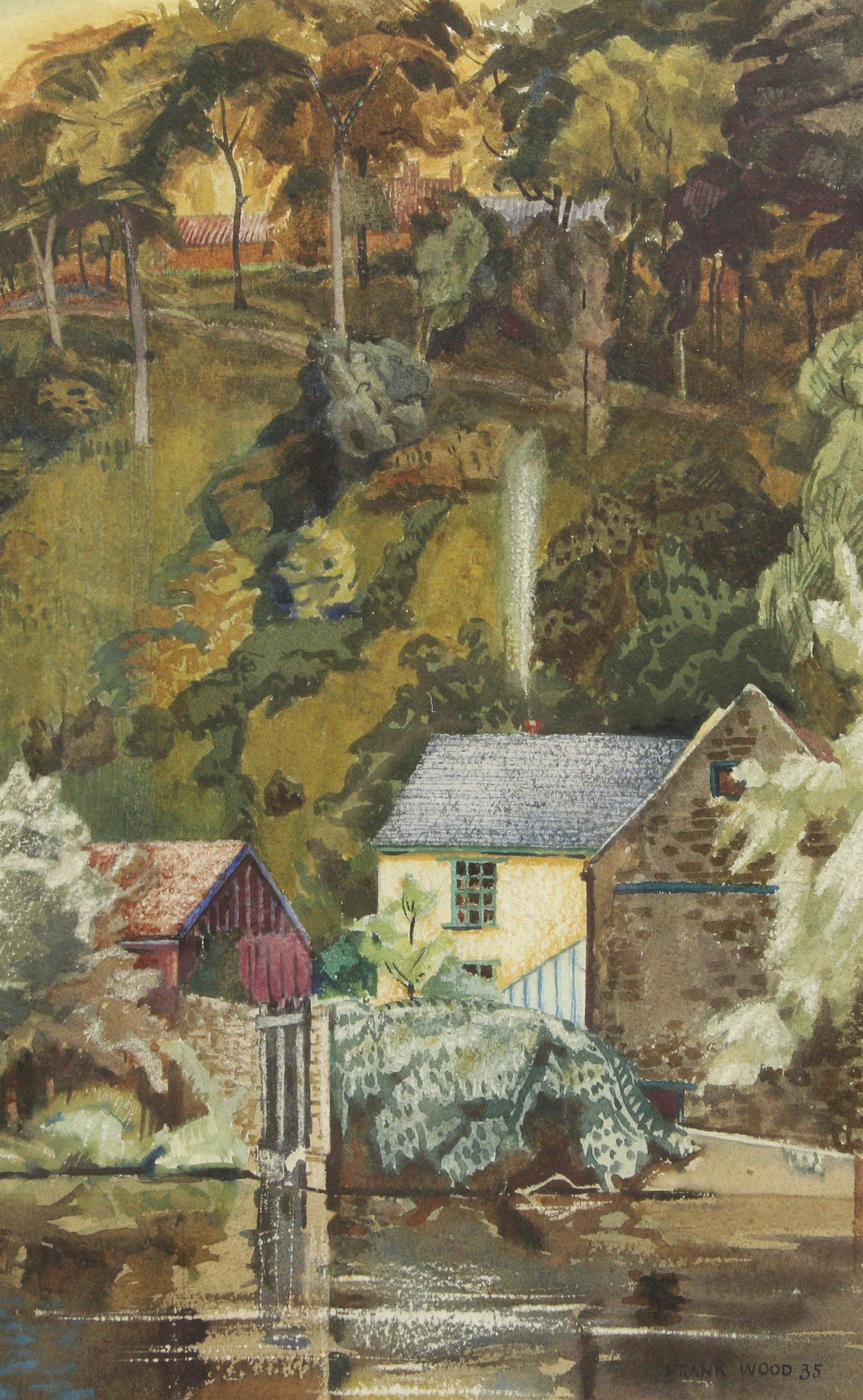 Frank Wood (Northern British 1904-1976): Riverside Cottages, watercolour signed and dated '35, 41cm x 26cm