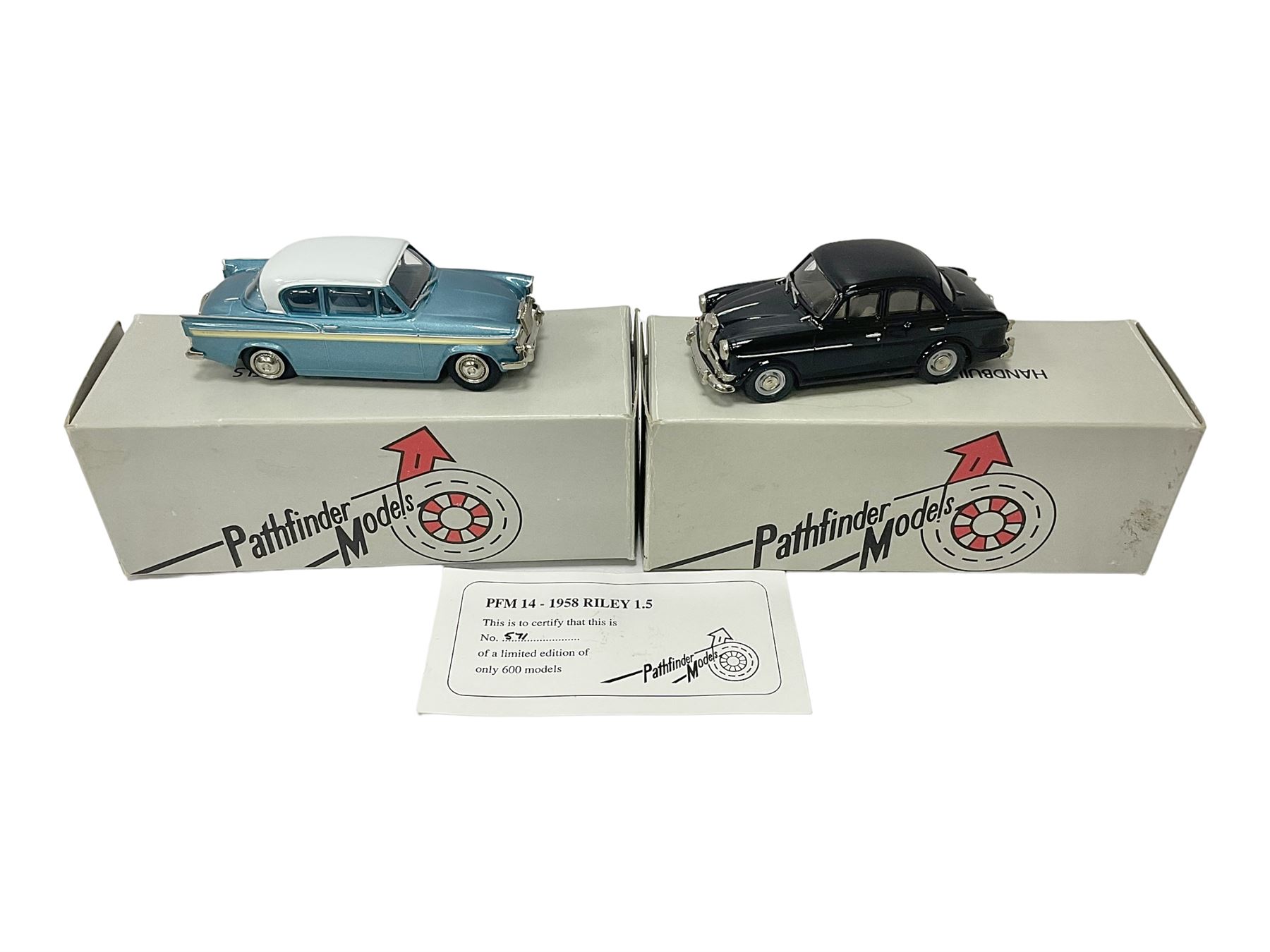 Pathfinder Models - two 1:43 scale model cars comprising Riley 1.5 1958 PFM14 with certificate of authenticity no.571/600 and Sunbeam Rapier 1962 PFM15; both in original boxes  