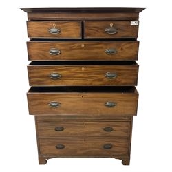 Early 19th century mahogany chest-on-chest, projecting cornice over banded frieze, fitted with two short over six long graduating cock-beaded drawers with bone and timber escutcheons, on bracket feet