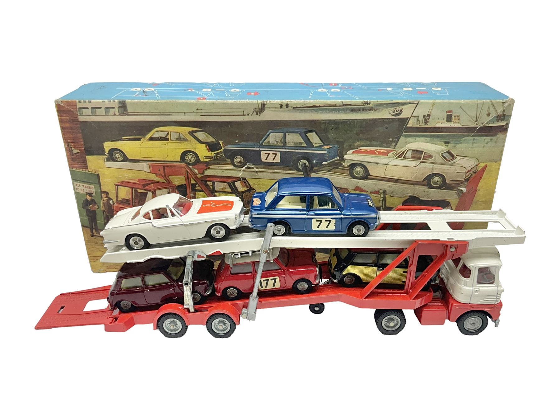 Corgi - Gift Set no.41 comprising Carrimore Mark Iv Transporter, Morris Mini-Cooper, BMC Mini-Cooper S, Morris Mini-Minor, Volvo P.1800 and Sunbeam IMP; missing MGC GT car; in original box 