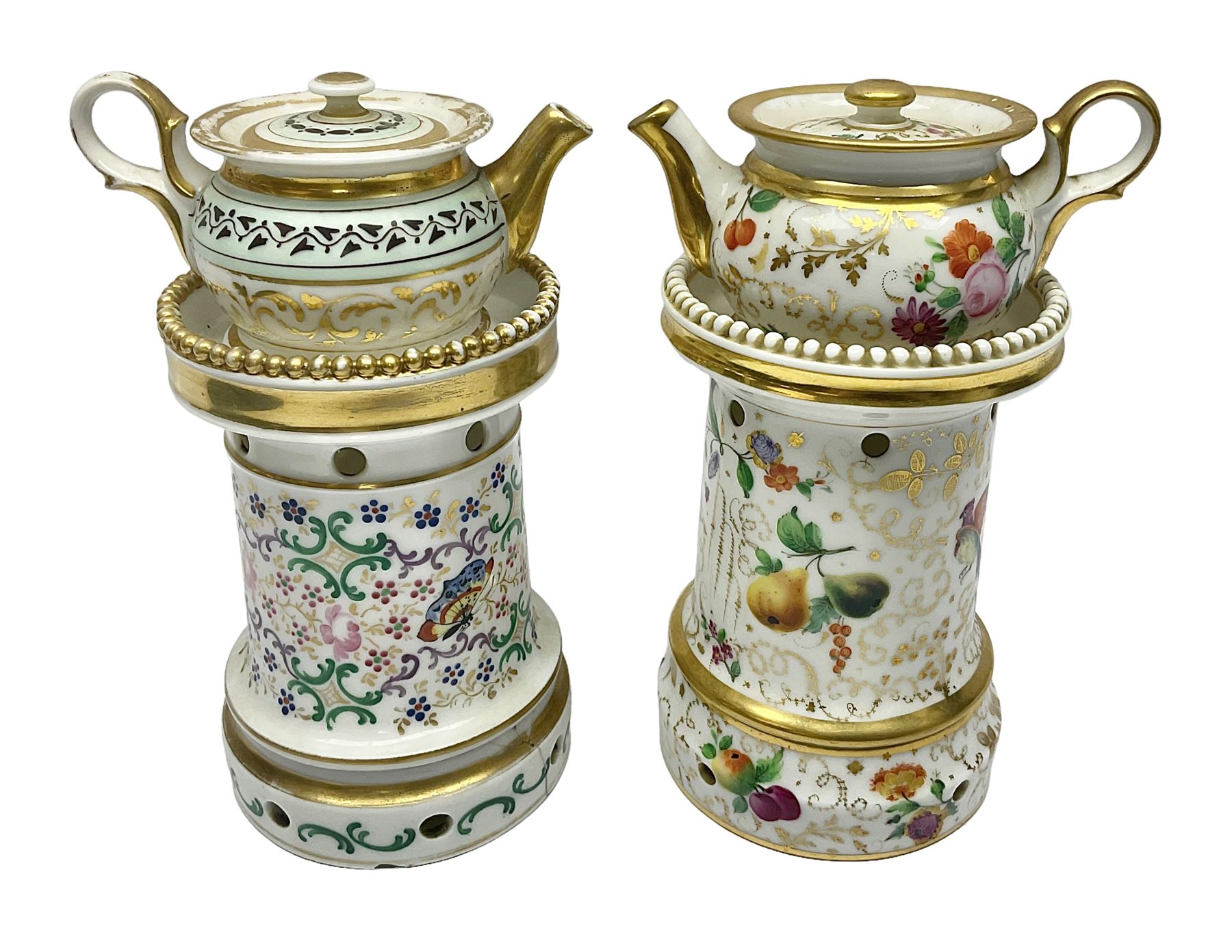 Two 19th century continental teapots and warmers, each teapot upon a cylindrical warming base, hand printed with floral sprigs, birds and insects, largest H22cm 