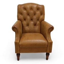 Laura Ashley Lancaster Georgian design armchair, upholstered in buttoned Colorado tanleather, with matching footstool