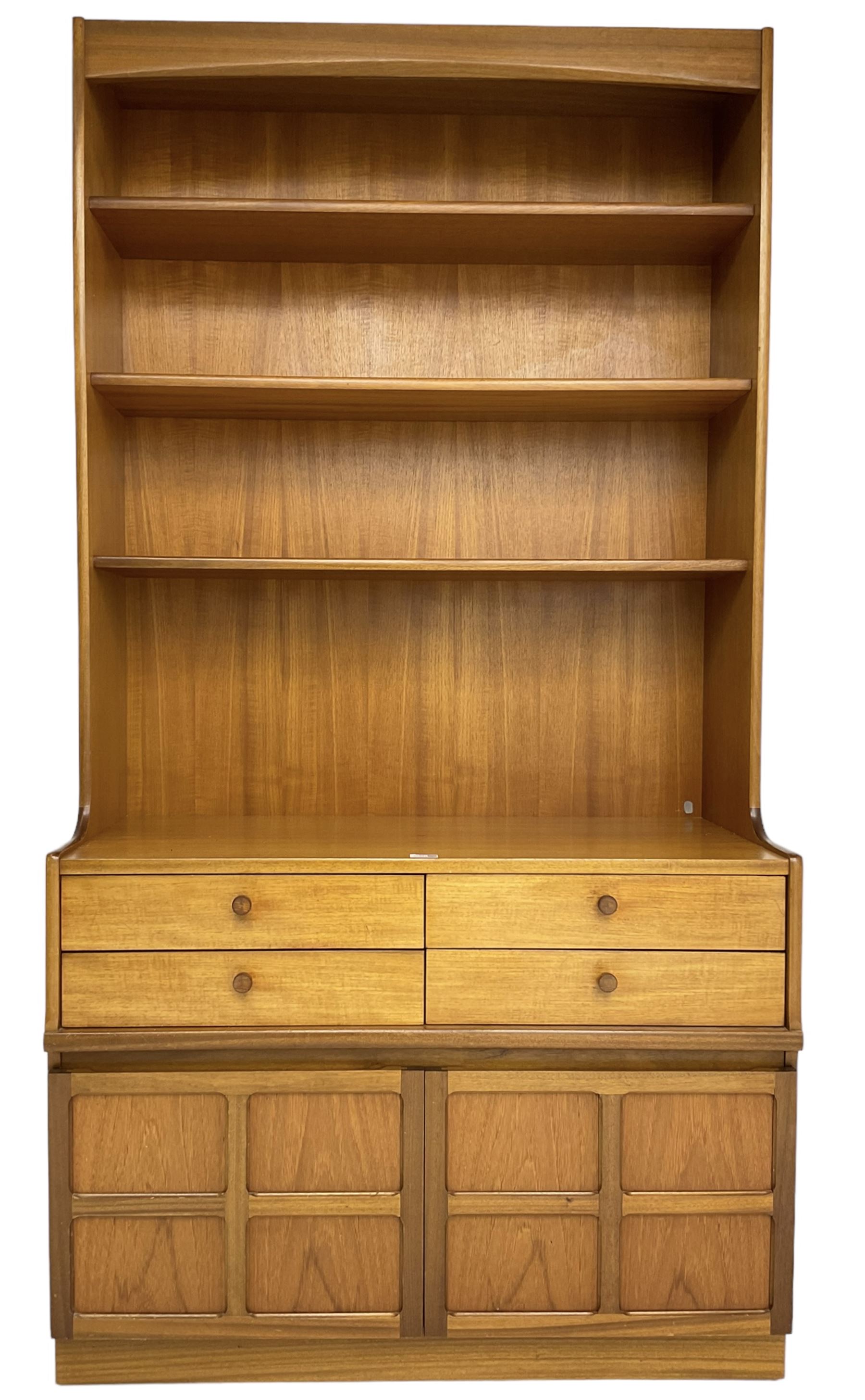 Nathan - teak wall unit, raised shelves over four drawers and double cupboard