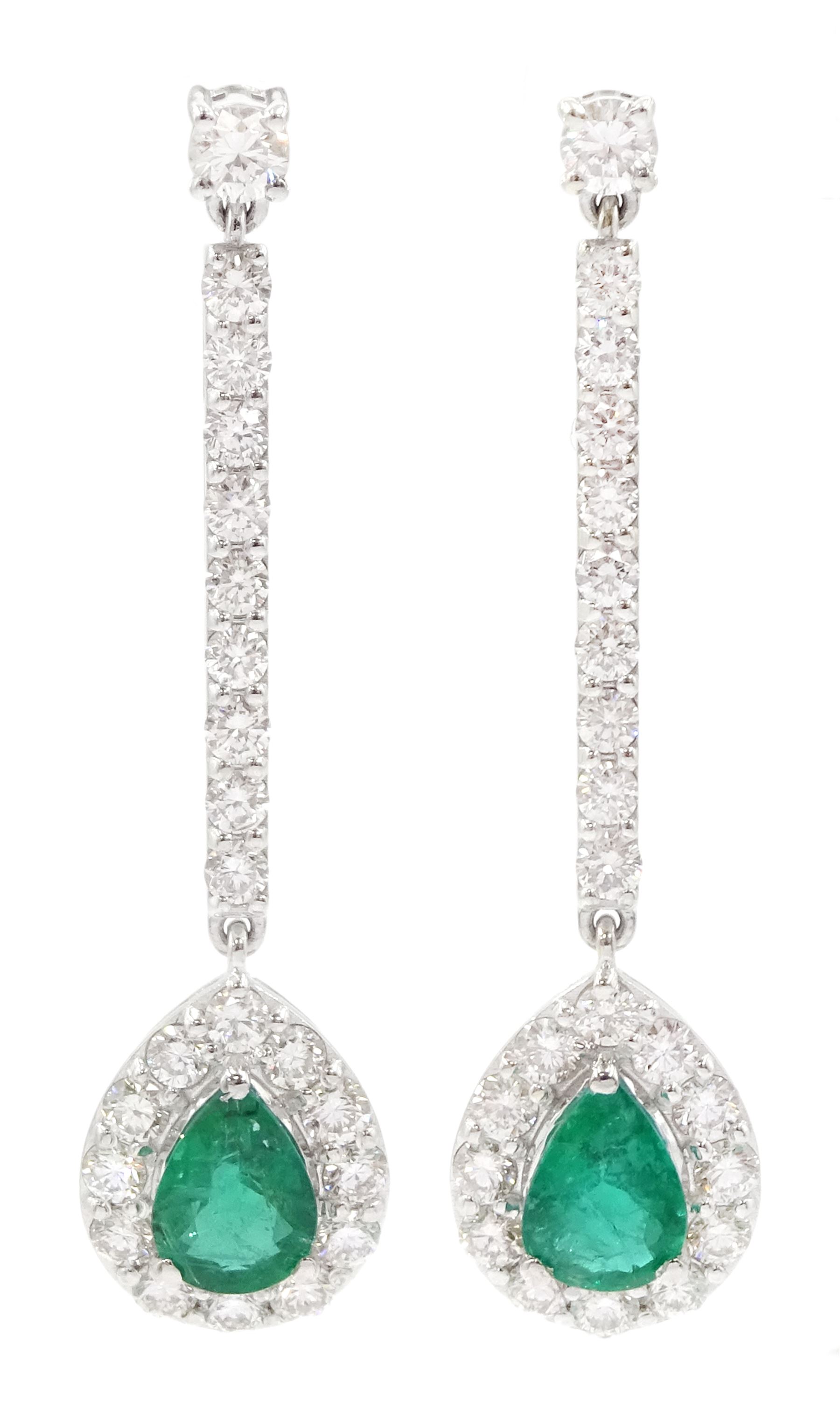 Pair of 18ct white gold pear cut emerald and round brilliant cut diamond pendant stud earrings, total emerald weight approx 1.20 carat, total diamond weight approx 1.50 carat