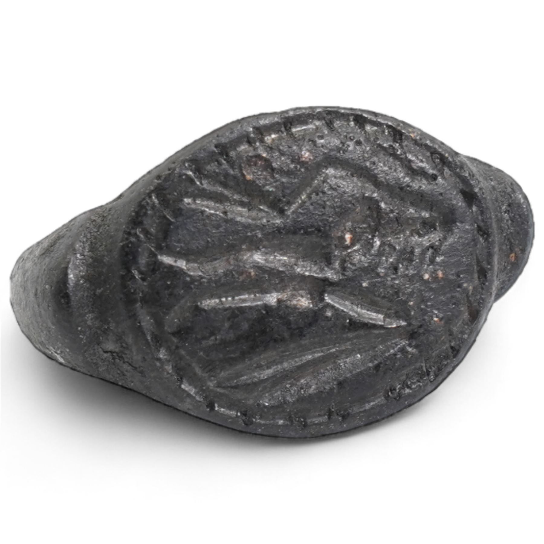 Bronze seal ring, possibly Roman, with D shaped hoop and angled shoulders, the bezel engraved with a figure, possibly on horseback 