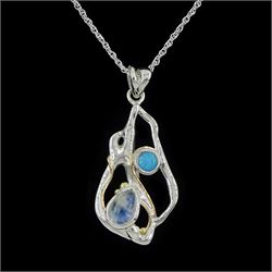 Silver and 14ct gold wire opal and moonstone pendant necklace, stamped 925