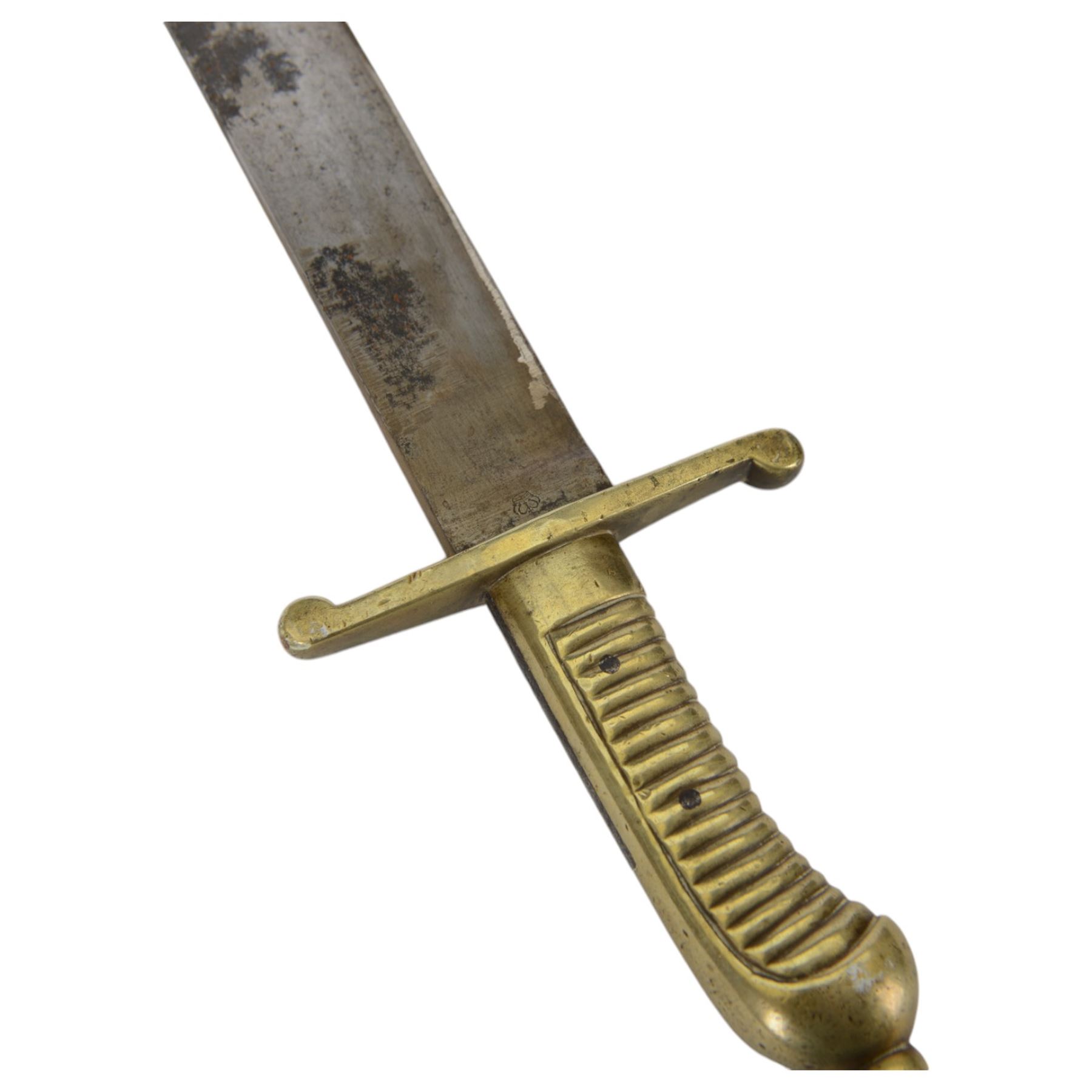 Prussian model 1855 Infantry Pioneers short sword, single edge blade stamped with a crown, quillon marked 28 AE.3.99. 32.A.E.2.99.1, with ribbed grip, in brass mounted leather scabbard, L65cm