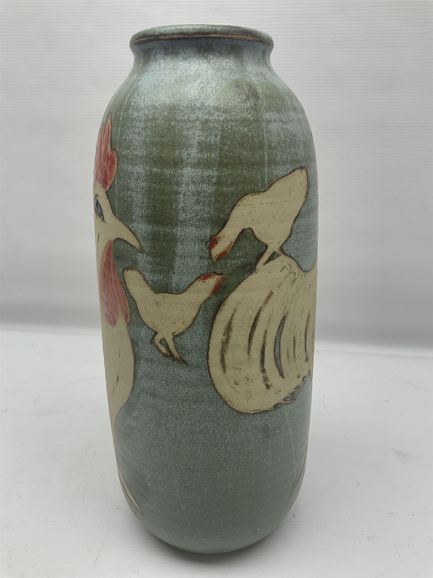 John Egerton (c1945-): studio pottery stoneware vase, decorated with chickens on a blue ground, H37cm