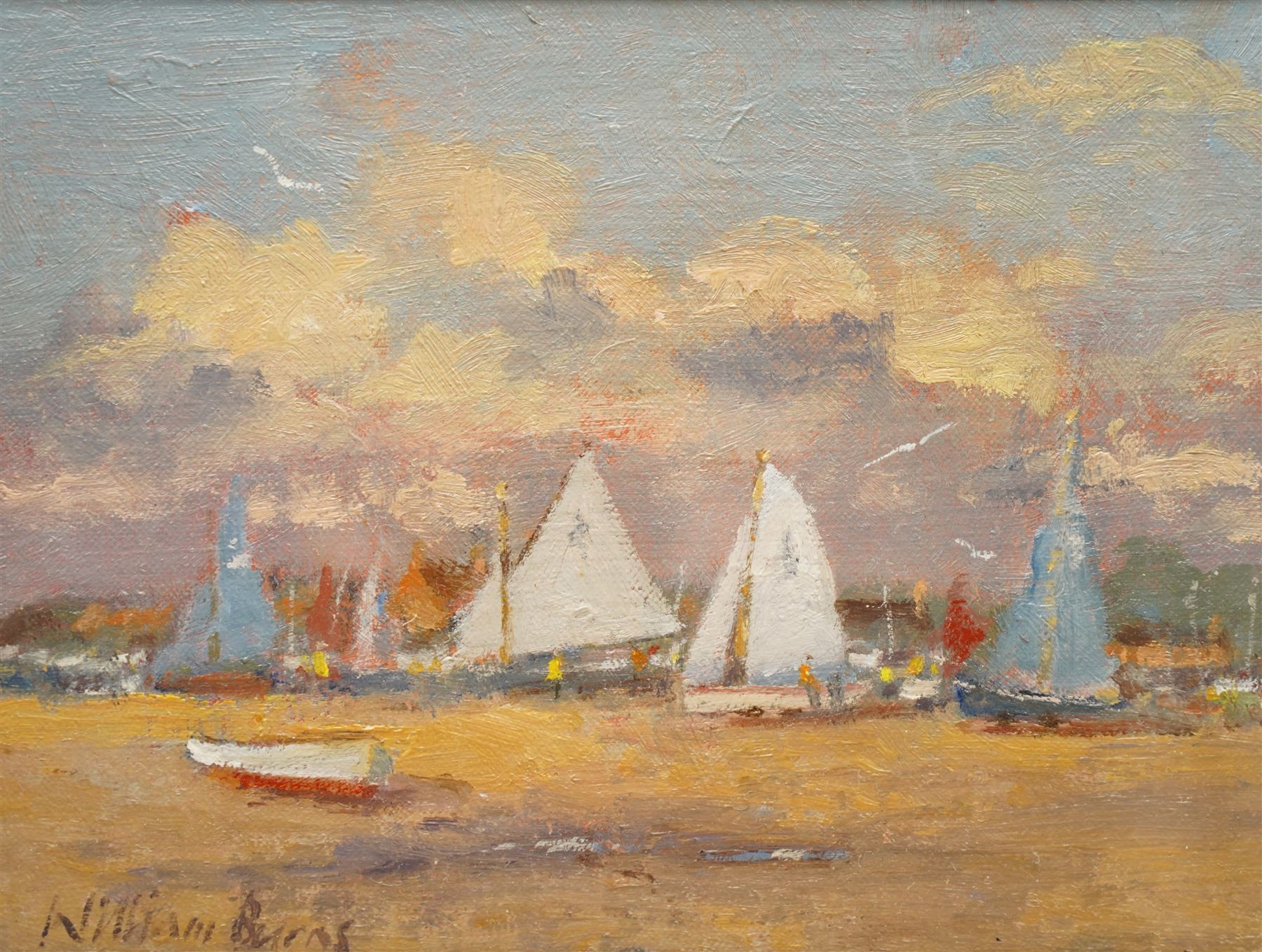 William Burns (Northern British 1923-2010): 'The Hard - Overy Staithe North Norfolk', oil on board signed, titled verso 15cm x 20cm Provenance: Direct from the family of the artist. 
Notes: Born in Sheffield in 1923, William Burns RIBA FSAI FRSA studied at the Sheffield College of Art before the outbreak of the Second World War, during which he helped illustrate the official War Diaries for the North Africa Campaign, and was elected a member of the Armed Forces Art Society. On his return, he studied architecture at Sheffield University and later ran his own successful practice, being a member of the Royal Institute of British Architects. However, painting had always been his self-confessed 'first love', and in the 1970s he gave up architecture to become a full-time artist, having his first one-man exhibition in 1979.