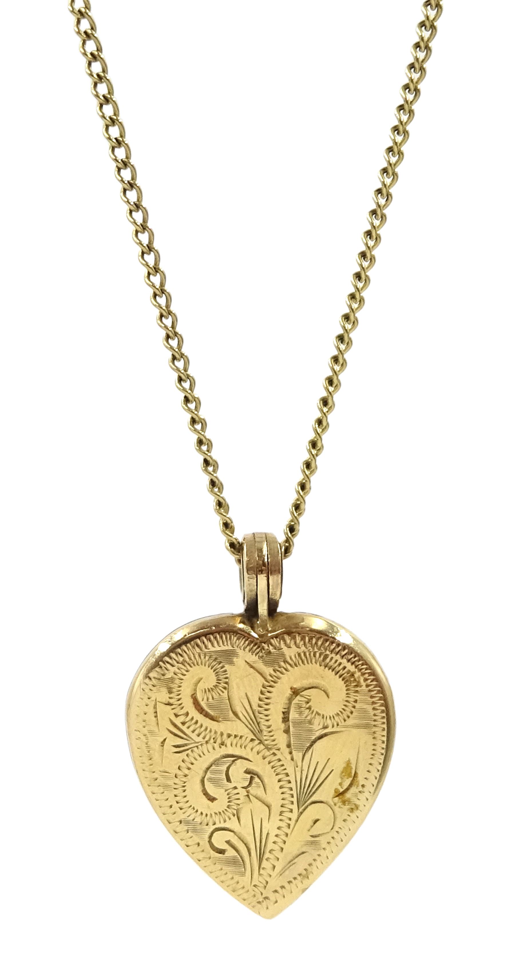 9ct gold heart locket pendant necklace with bright cut decoration ...