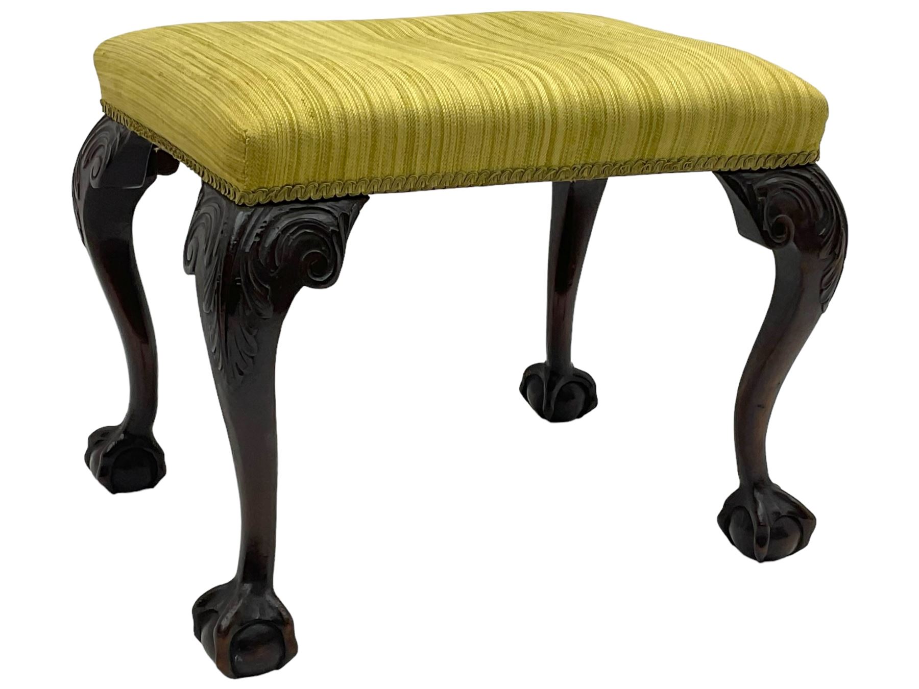 Georgian design mahogany cabriole stool, rectangular top upholstered in green fabric, on scrolled acanthus leaf carved cabriole supports with ball and claw feet