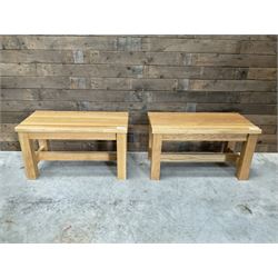 Three small light oak benches and a large bench